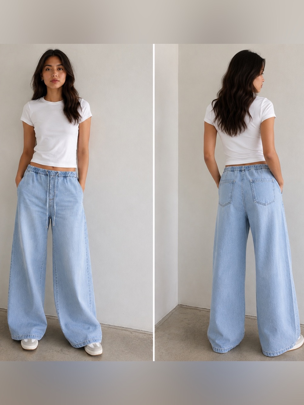 Zara Light Blue Wide-Leg Drawstring Jeans size 2 runs large